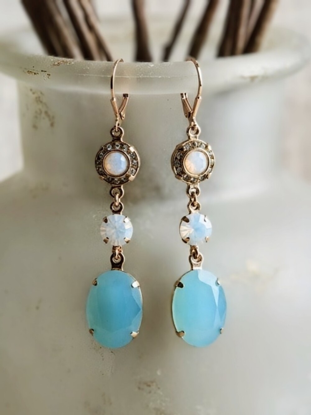 Victorian Pacific Aqua Blue Opal In  Swarovski Crystals In Gold Plated Earrings